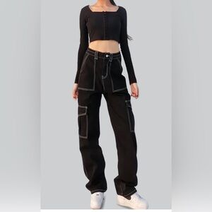 Garage Black Wide-Leg Cargo Pants with White Contrast Stitching